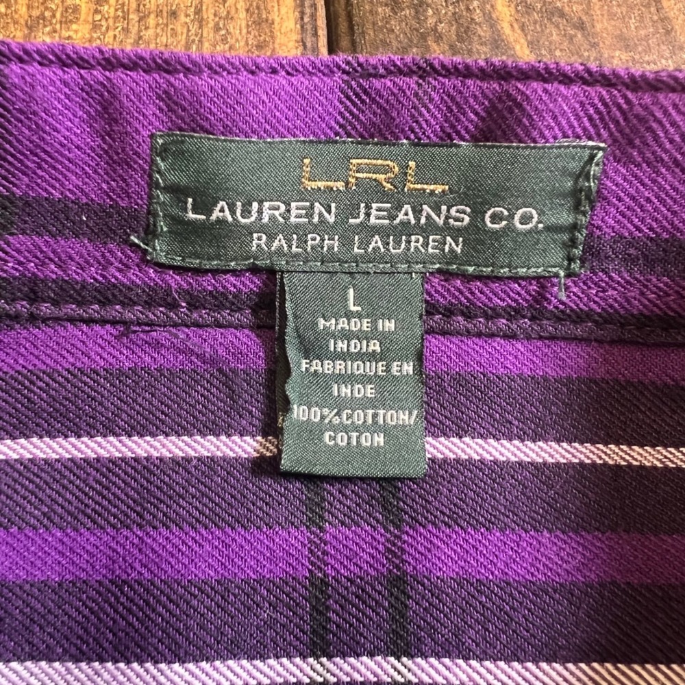 Lauren Jeans‎ Co Ralph Lauren Purple Plaid Band Collar Button Down Shirt Large - Picture 2 of 7